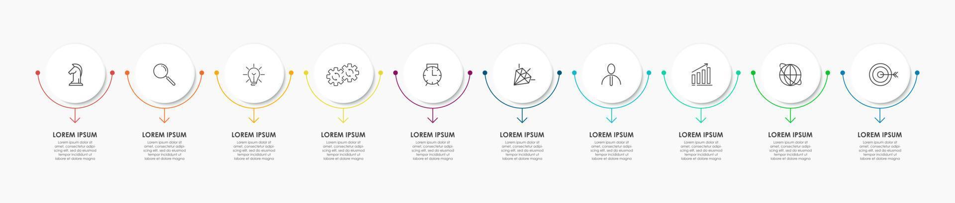 plantilla de infografía empresarial. Línea de tiempo con 10 pasos, opciones e íconos de marketing. Infografía lineal vectorial con dos elementos conectados en círculo. puede ser utilizado para la presentación. vector