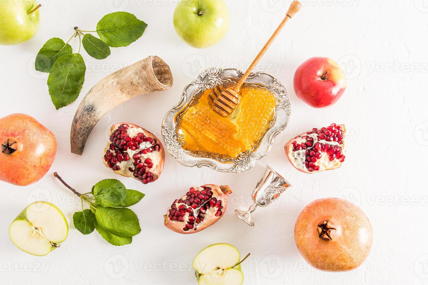 festive beautiful background New Year Rosh Hashanah with traditional treats. top view. flat layout. photo