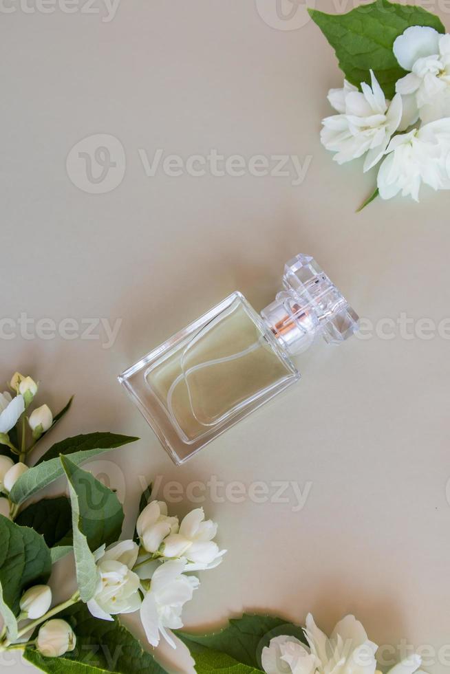 a chic bottle of women's perfume or toilet water among the white flowers of jasmine. top view. flat layout. unnamed vial for presentation. photo