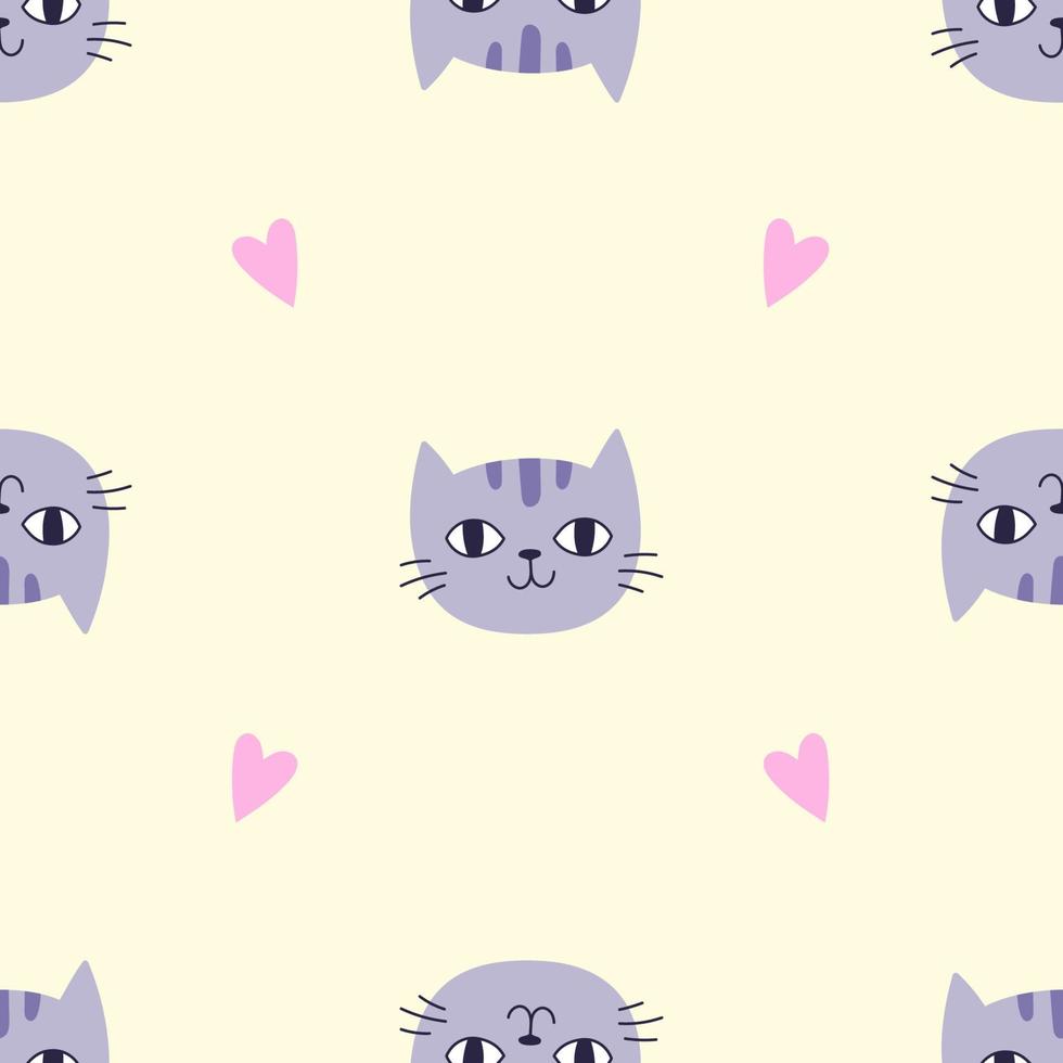 Seamless Pattern with Purple Cat Head and Heart on Yellow Background. Perfect for Nursery Wallpaper, Children's Textiles, Wrapping Paper vector