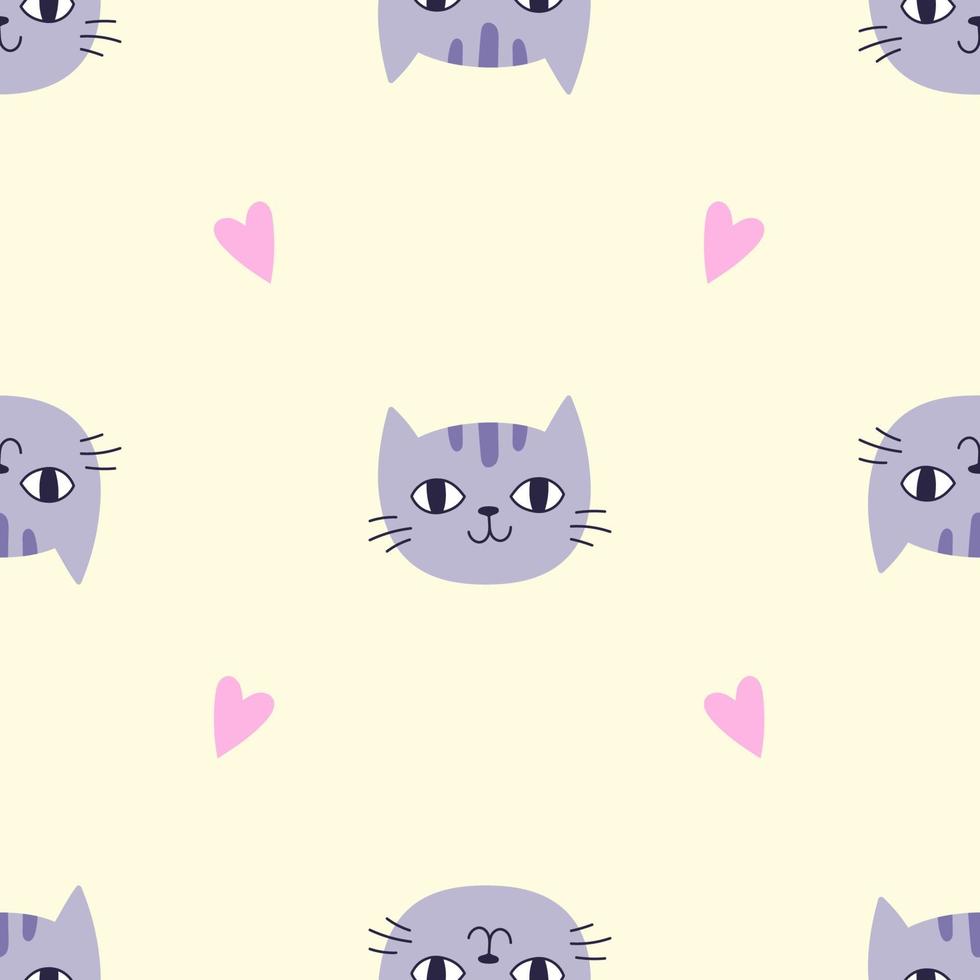 Seamless Pattern with Purple Cat Head and Heart on Yellow Background. Perfect for Nursery Wallpaper, Children's Textiles, Wrapping Paper vector