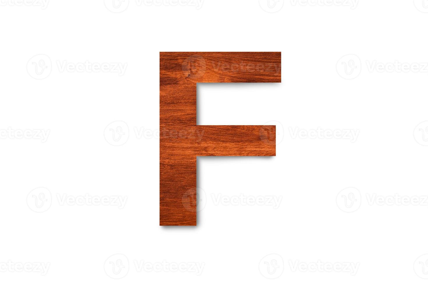 Modern wooden alphabet letter F isolated on white background with clipping path for design photo