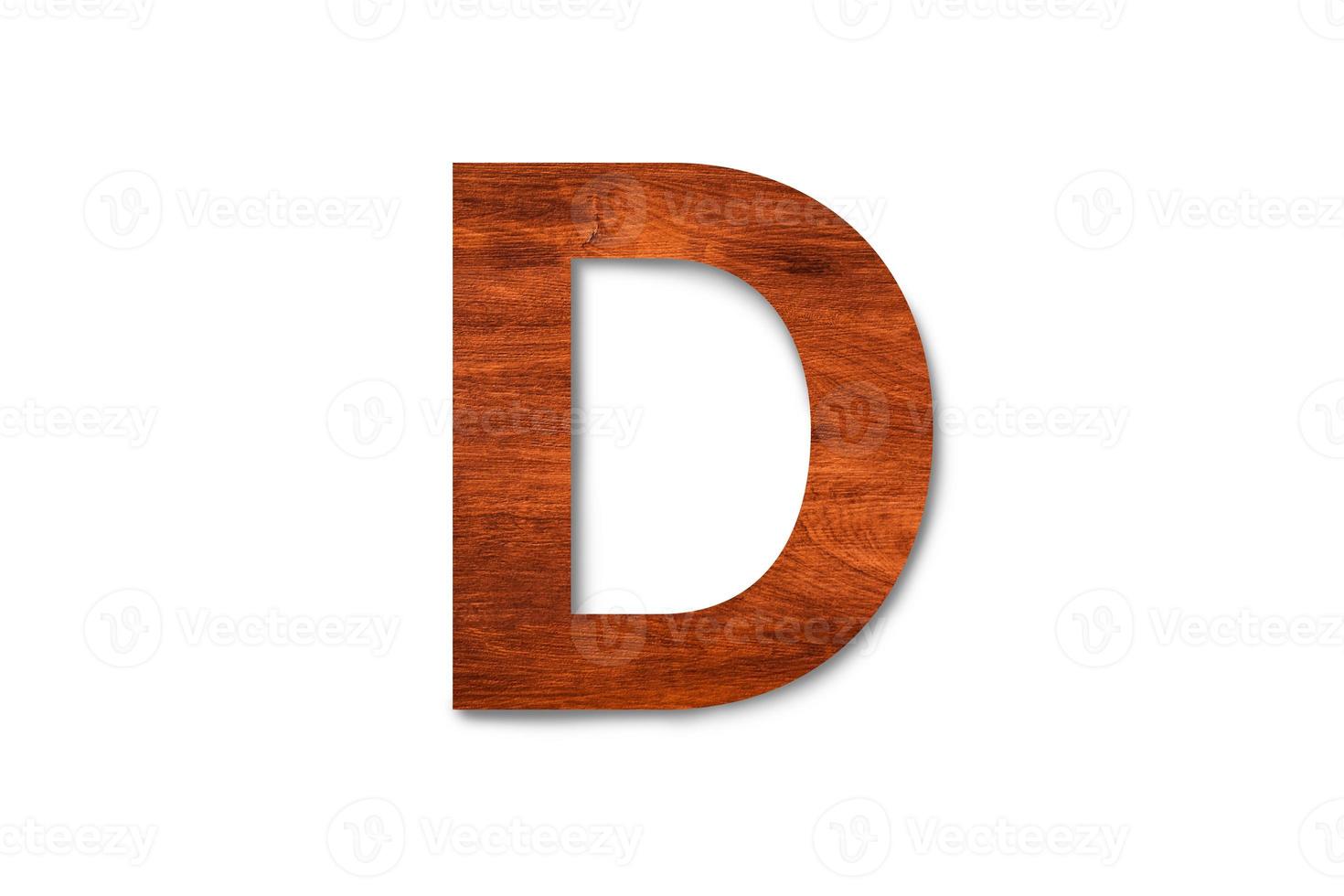 Modern wooden alphabet letter D isolated on white background with clipping path for design photo