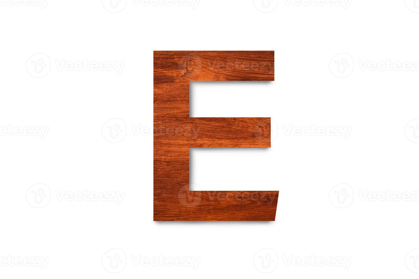 Modern wooden alphabet letter E isolated on white background with clipping path for design photo