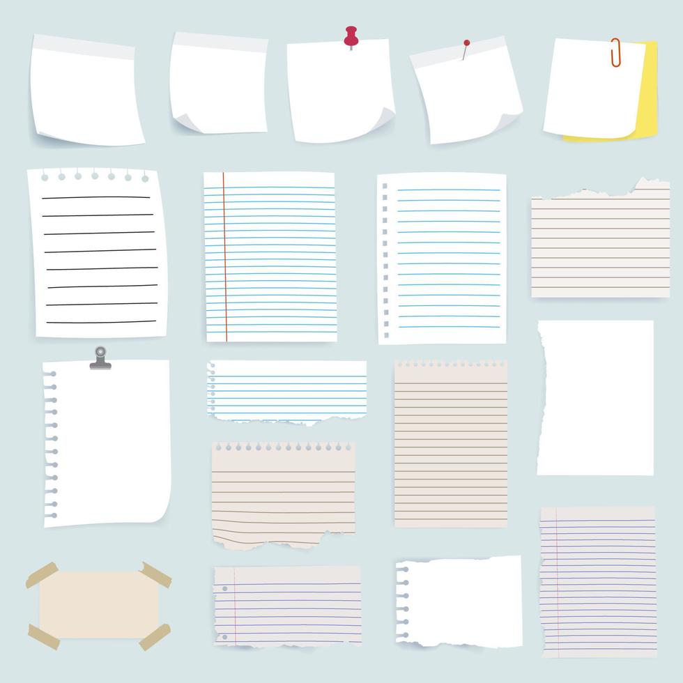 Blank reminder paper notes set, collection of various note papers. vector