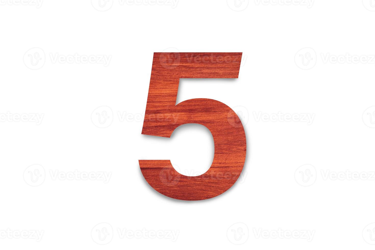 Beautiful Sign number five material wood isolated on white background with clipping path for design photo