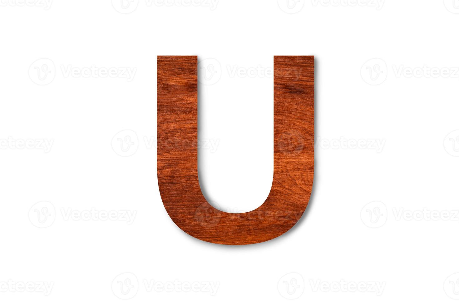 Modern wooden alphabet letter U isolated on white background with clipping path for design photo
