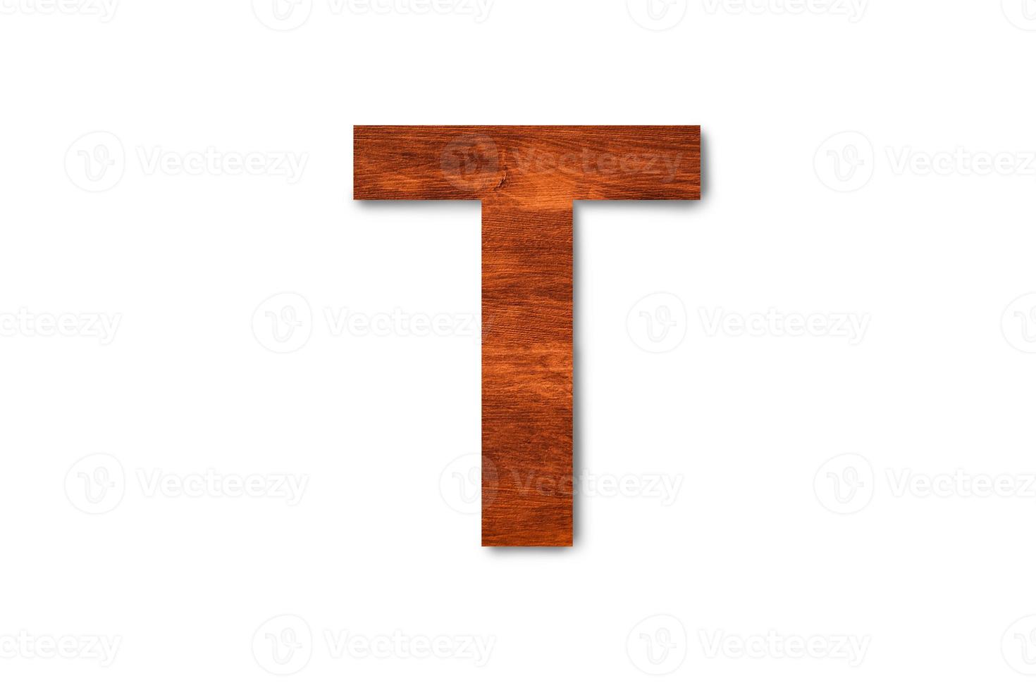 Modern wooden alphabet letter T isolated on white background with clipping path for design photo