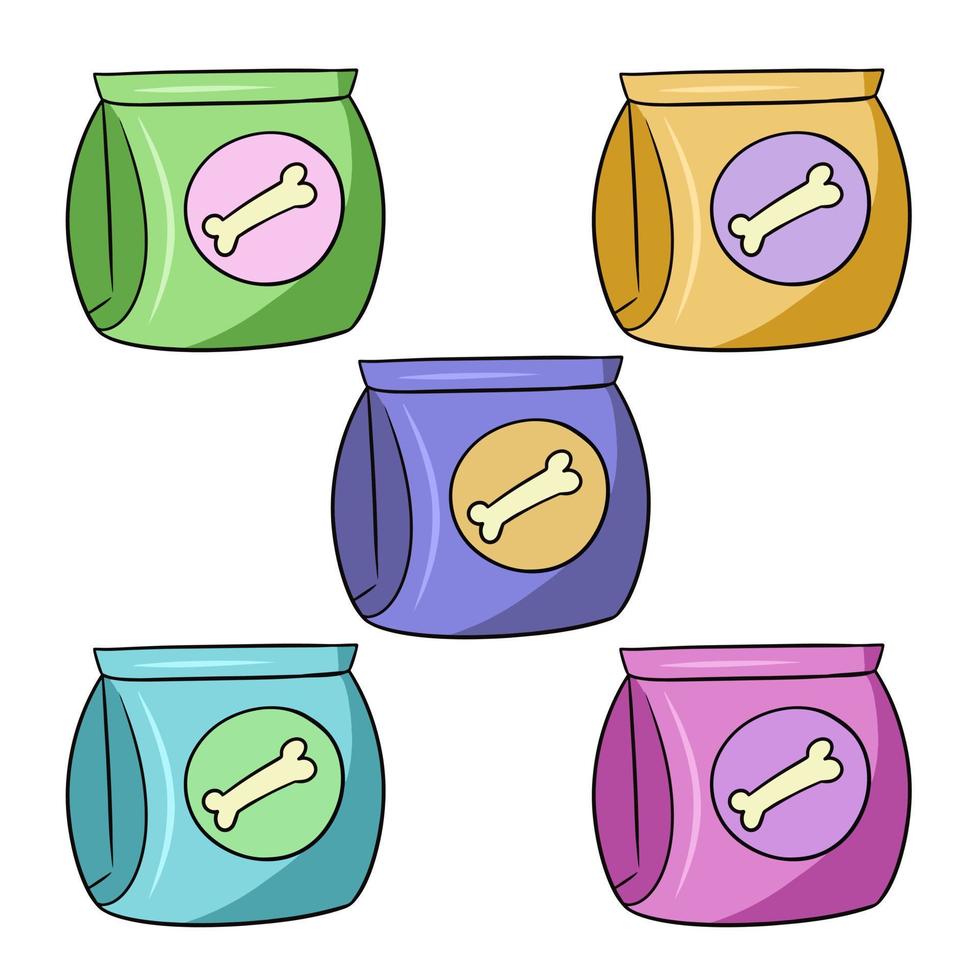 A set of colored icons, Dog food packaging, closed packaging with a dog toy, vector illustration in cartoon style on a white background