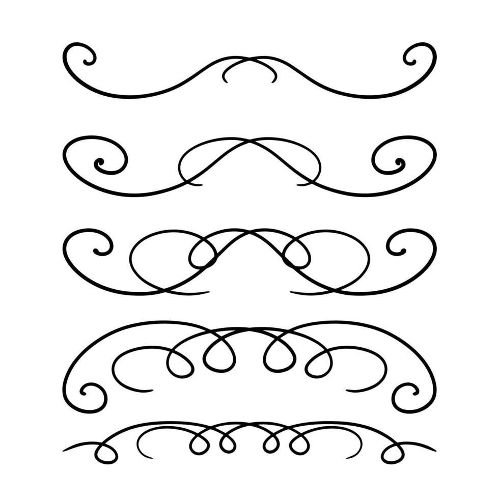 A set of symmetrical vector dividers with large swirls, hand-drawn with a black line, isolated borders for a design template
