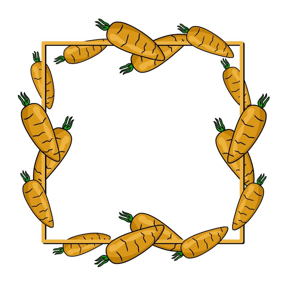 marco cuadrado, verduras maduras de color naranja brillante, zanahorias, espacio de copia, ilustración vectorial en estilo de dibujos animados sobre un fondo blanco vector