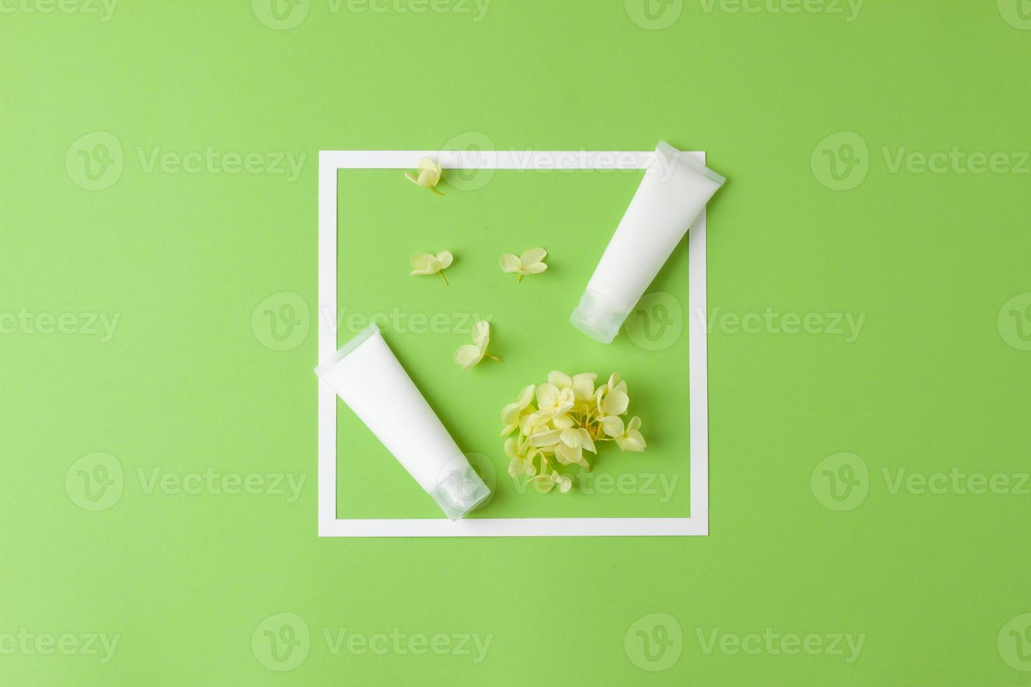 White tubes of cosmetic cream with white frame and flowers on green background. Flat lay, copy space photo