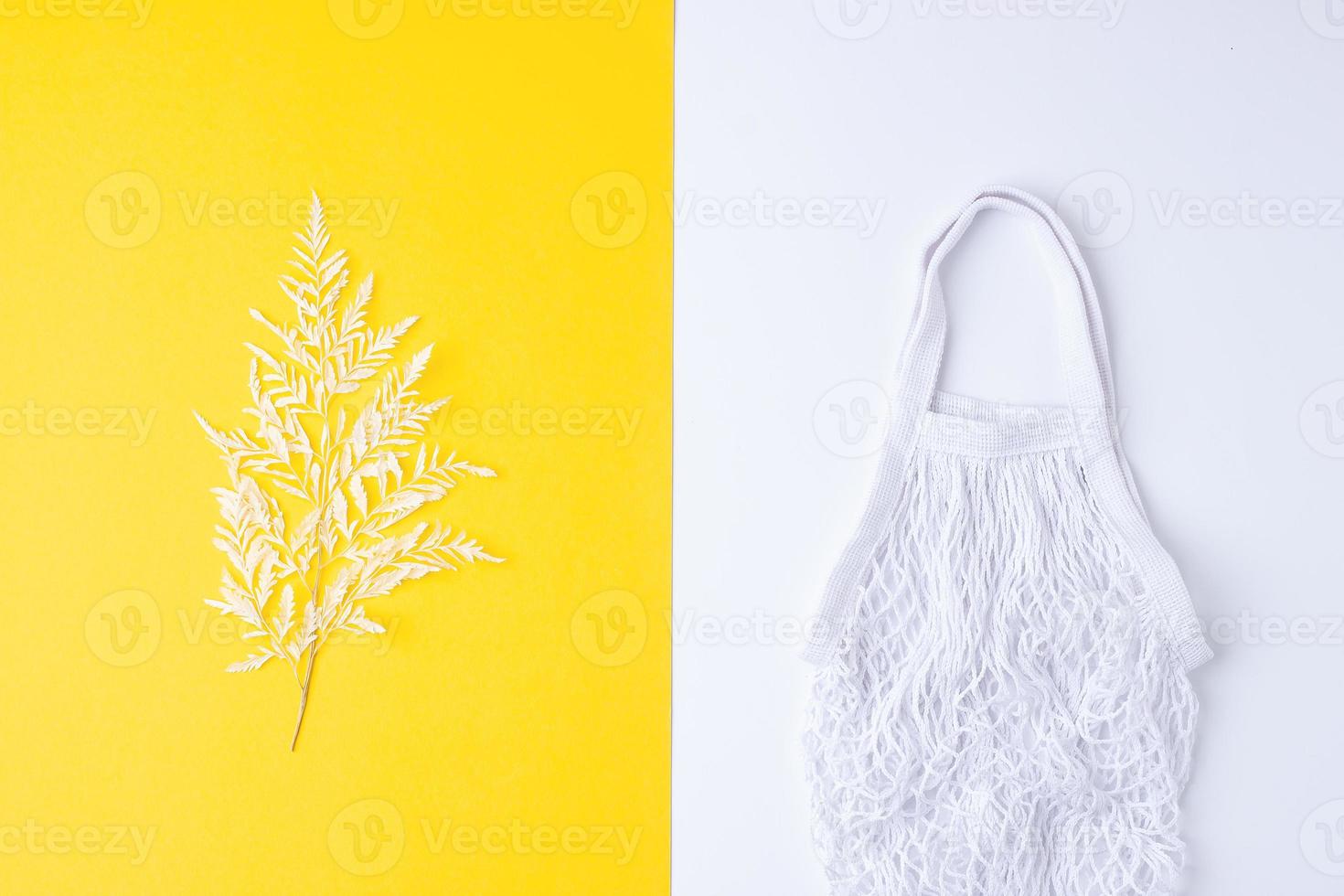 Minimal composition with bag and fern on yellow. Flat lay, copy space photo