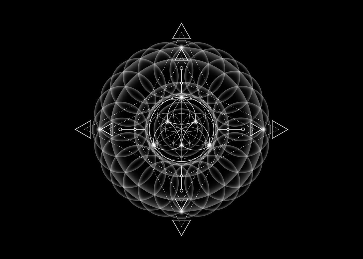 Sacred Geometry, Flower of Life, lotus flower mandala. White Neon vintage logo Symbol of Harmony and Balance, Glowing Geometrical Ornament, yoga relax, vector isolated on black background