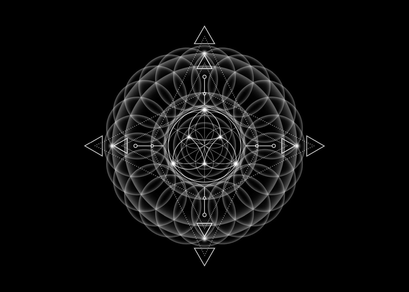 geometría sagrada, flor de la vida, mandala de flor de loto. logotipo vintage de neón blanco símbolo de armonía y equilibrio, adorno geométrico brillante, relajación de yoga, vector aislado en fondo negro