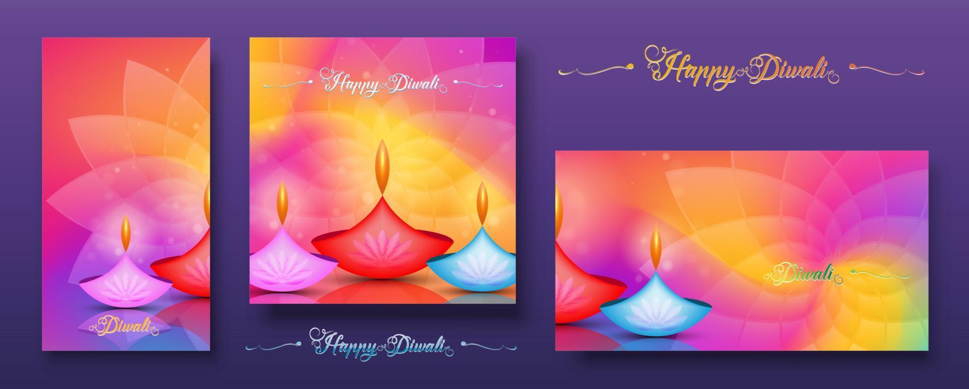 Set colorful card, Happy Diwali Festival of Lights India Celebration. Graphic banner design of Indian Lotus Diya Oil Lamps, Modern Design in vibrant colors. Vector art style, gradient color background