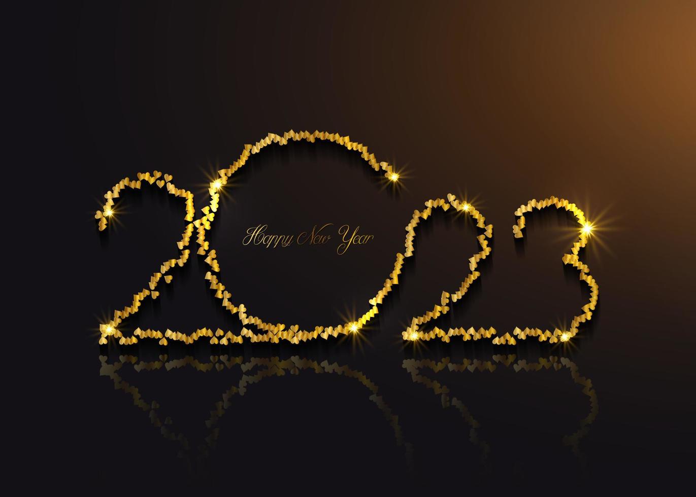 2023 New Year gold logo design. Holiday greeting card, hearts shape border texture, luxury design for invitation, calendar, party, vector illustration, golden label isolated on black background