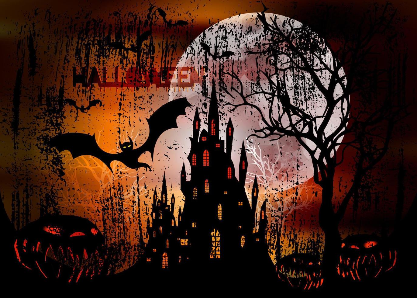 fiesta de halloween, ilustración vectorial mística, fondo naranja oscuro en una luna llena espeluznante con siluetas de personajes y murciélagos aterradores con castillo embrujado gótico, concepto de tema de terror vector
