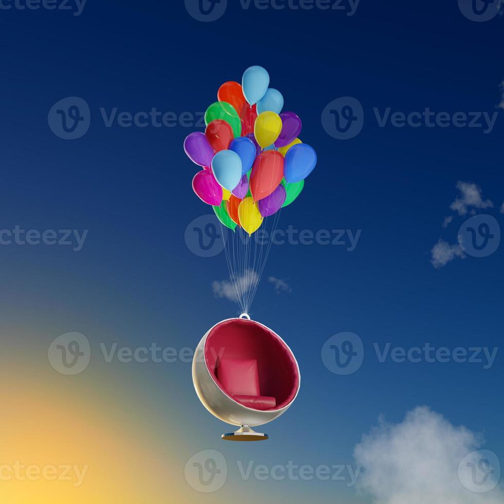 Ball Chair Flying In the Air with Helium Balloons - 3D Illustration photo