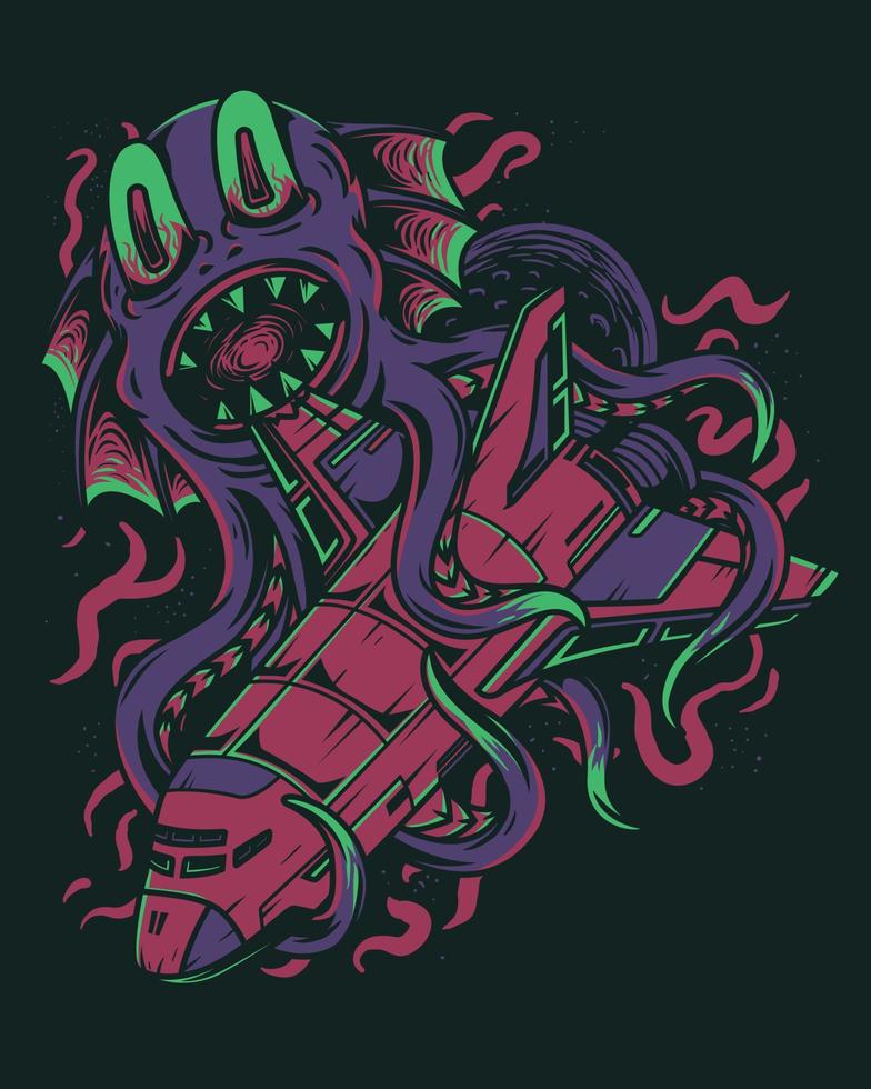 vector illustration artwork of a giant octopus attacking a rocket