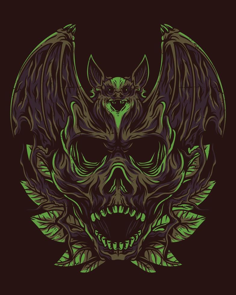 vector illustration artwork of a bat figure that has a human skull on its belly