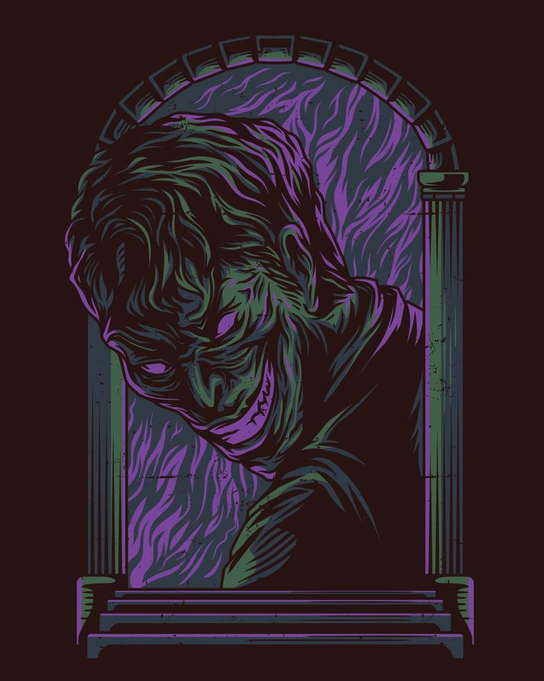 vector illustration artwork of a ghost figure peeking through the big door