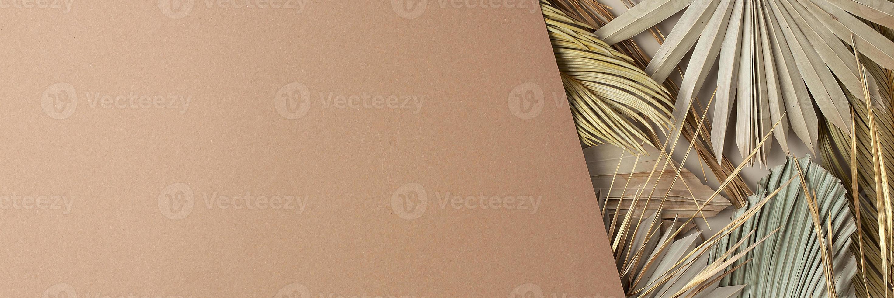 Tropical natural background with palm leaf on brown. Flat lay, copy space photo