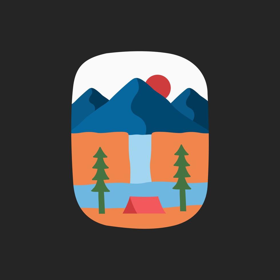 design of camping beside waterfall nature mountain for badge, sticker, patch, t shirt design, etc vector