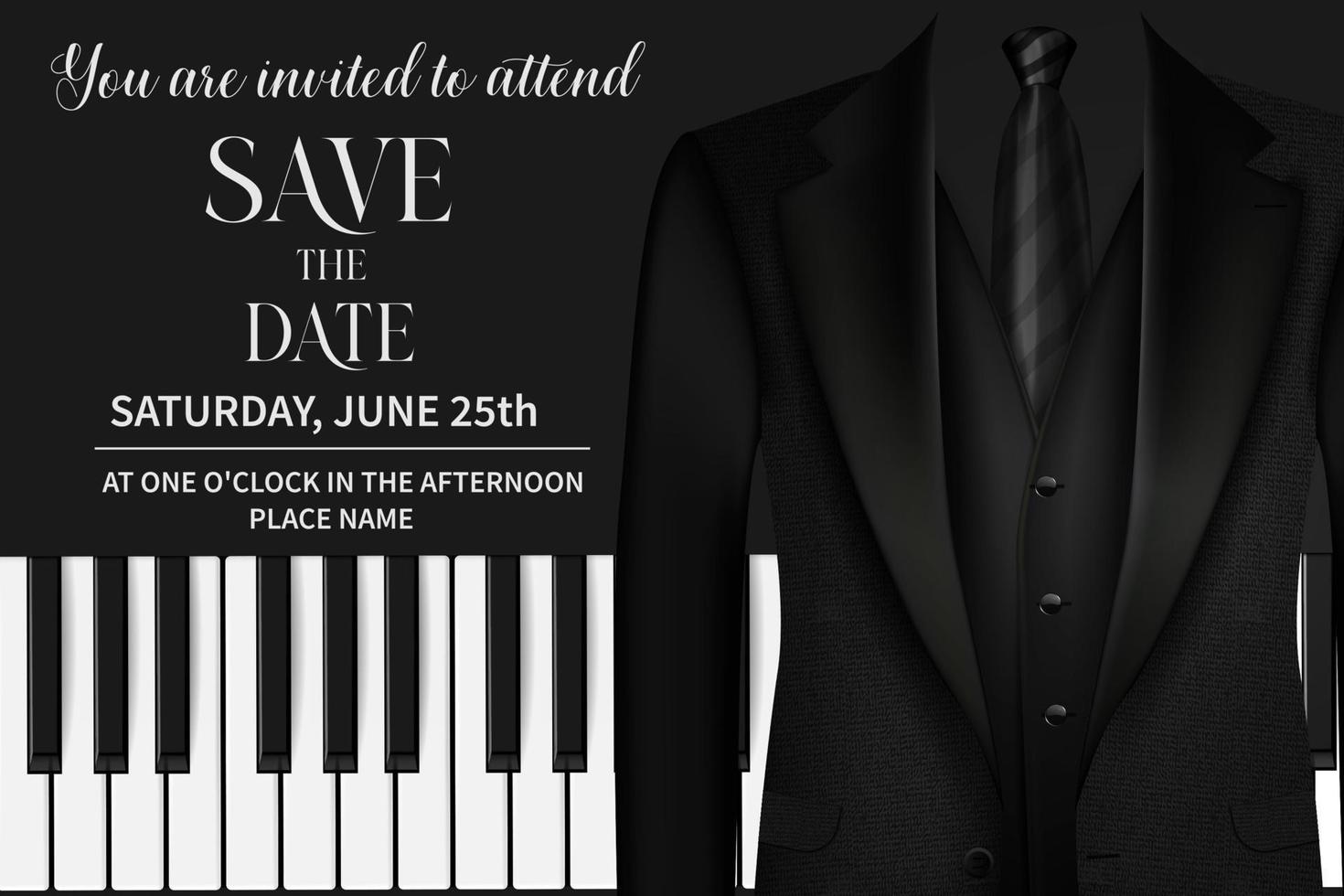 Concert invitation lettering in black and white. Illustration with vintage male suit with tie and piano keys. vector