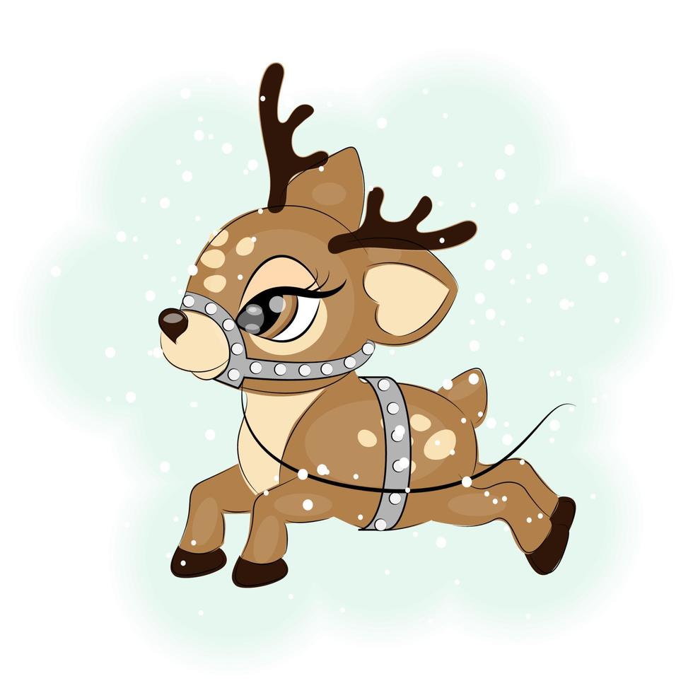 Cute Christmas reindeer with harness vector illustration