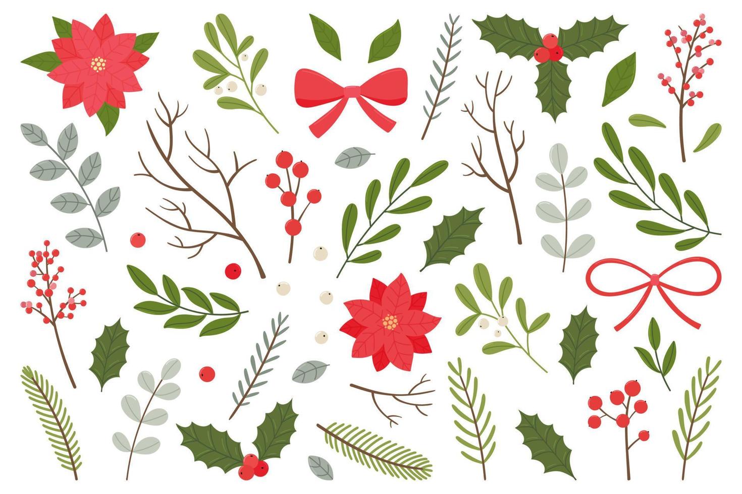 Set of Christmas plant elements. Christmas berries, leaves, twigs, flowers and bows. vector