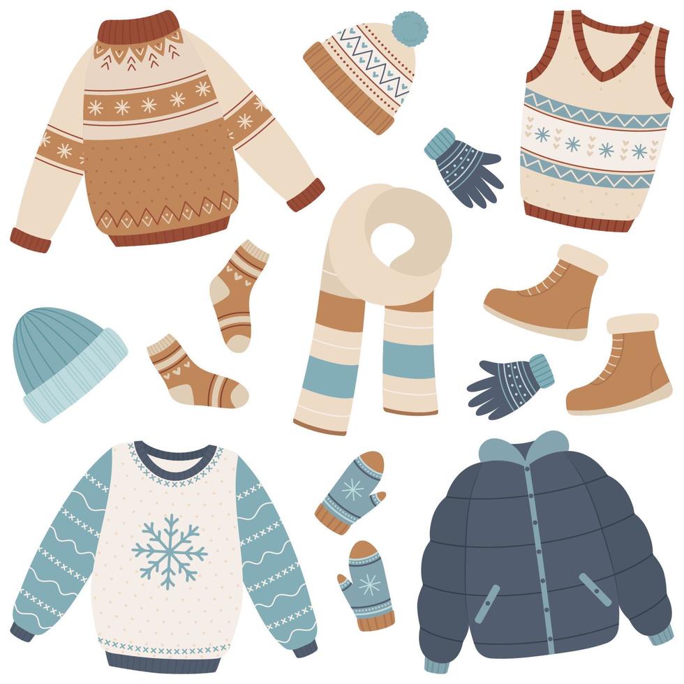 Vector set of winter clothes. Sweaters, socks, hat, mittens, scarf, boots jacket.
