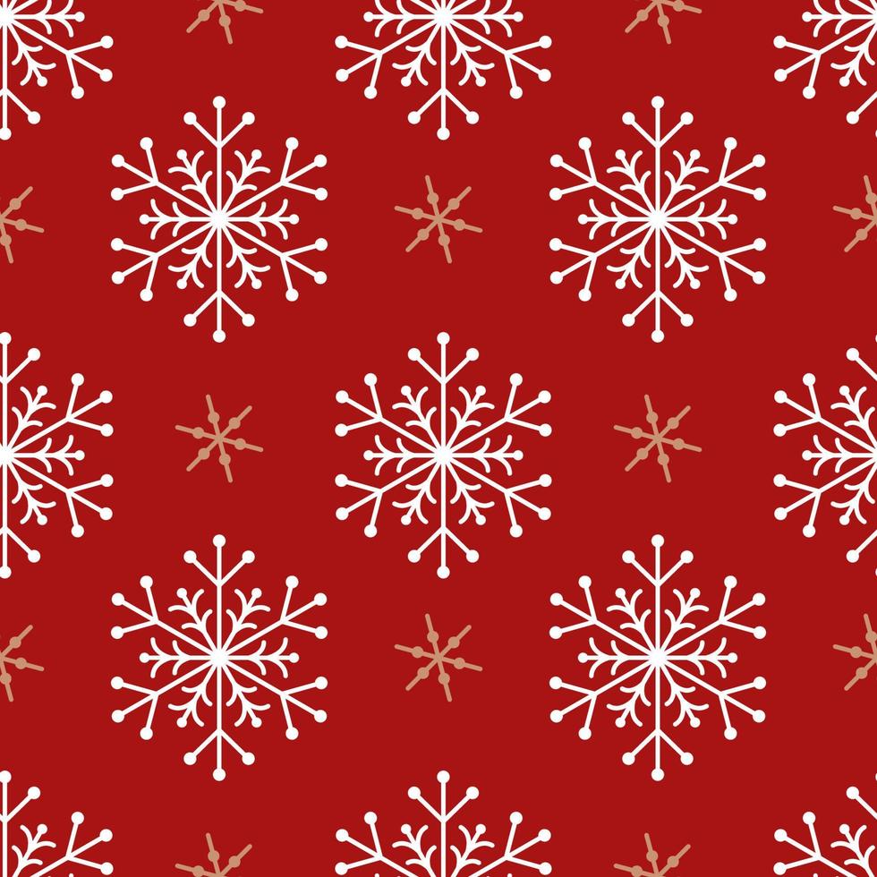 Snowflakes seamless pattern of white and gold snowflakes on a red background. vector