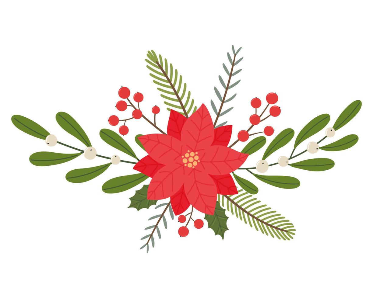 conjunto de elementos de plantas navideñas. bayas navideñas, hojas, ramitas, flores y lazos. vector