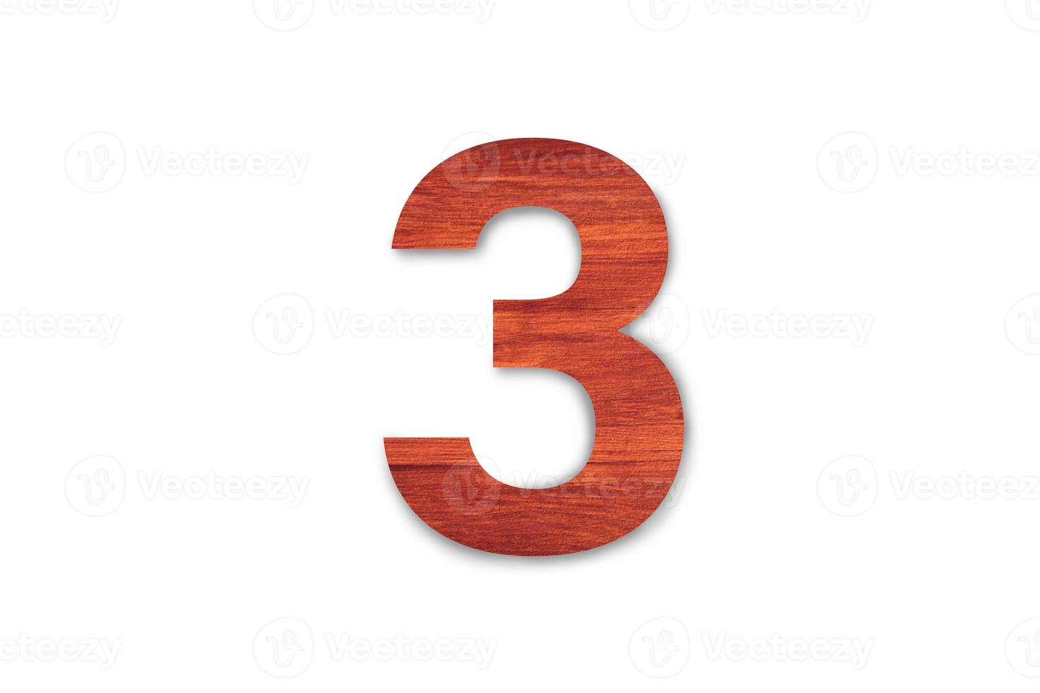 Beautiful Sign number three material wood isolated on white background with clipping path for design photo