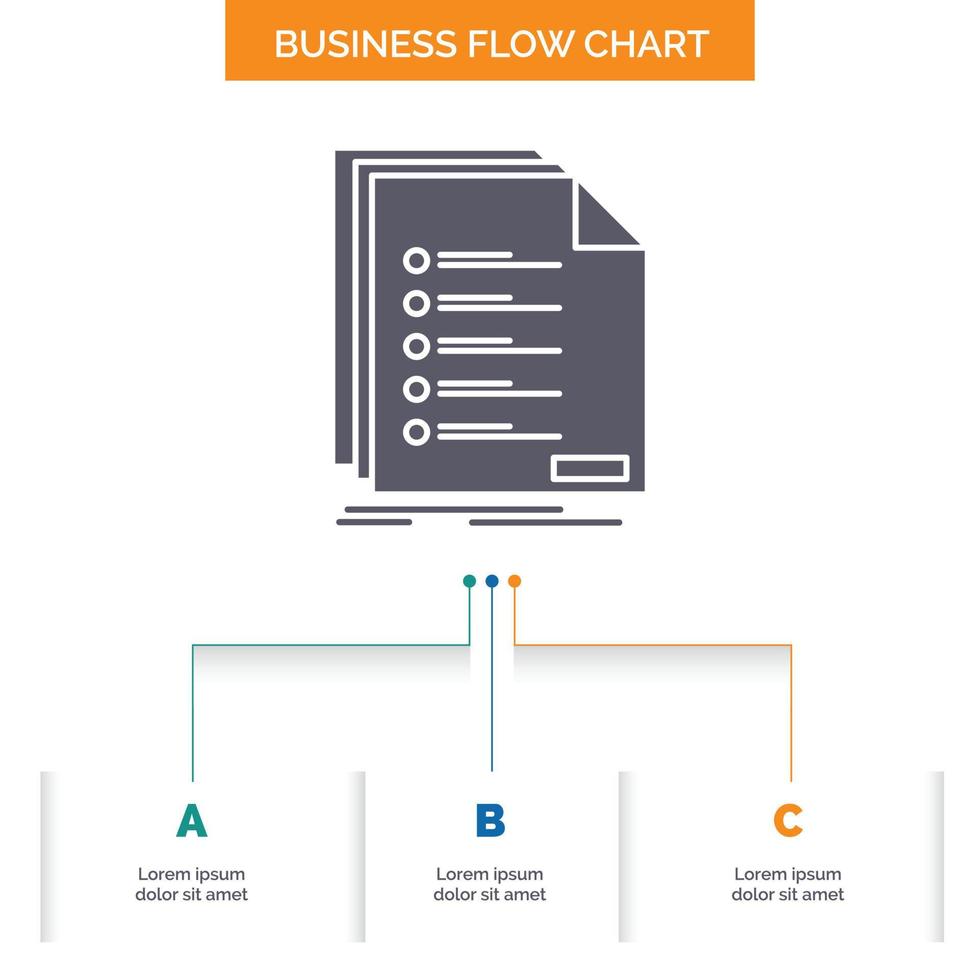 Check. filing. list. listing. registration Business Flow Chart Design with 3 Steps. Glyph Icon For Presentation Background Template Place for text. vector