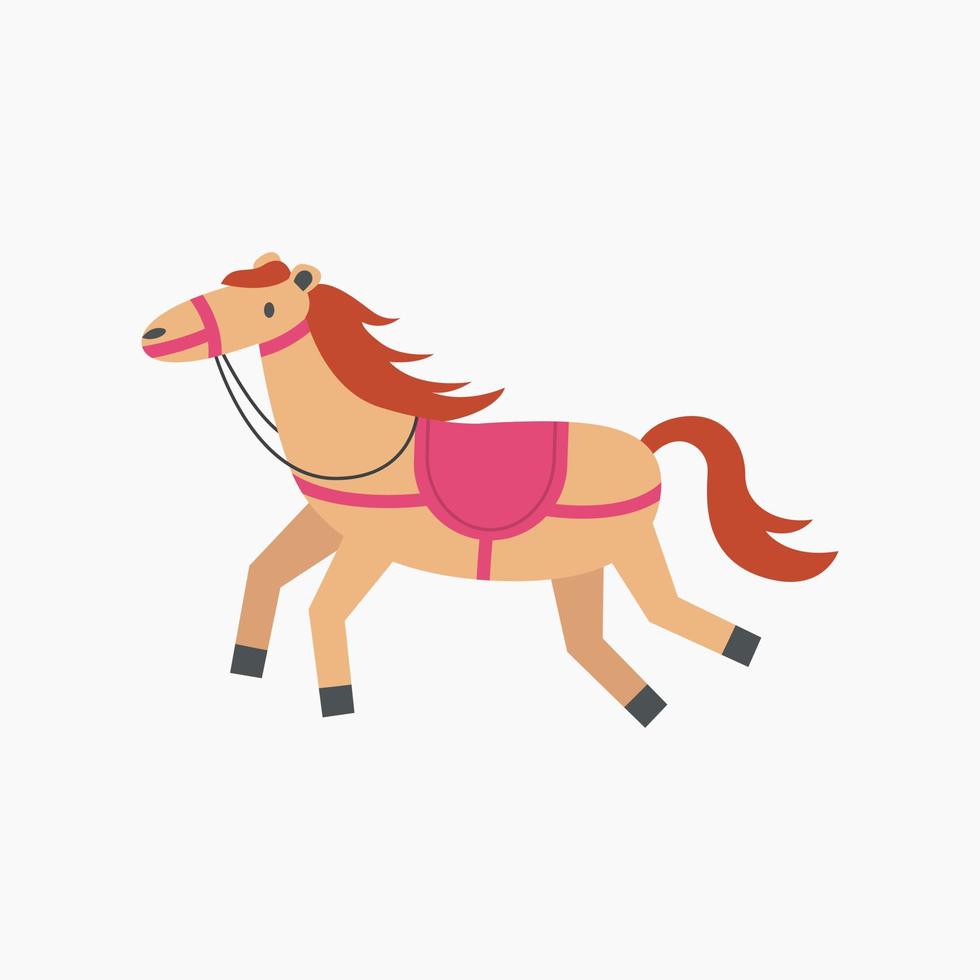 Horse in running pose. Cute pony in harness, saddle. Puffy character in motion for kids. Child ponytailed farm animal . Horseback riding, hippodrome racing, equestrian sport. vector
