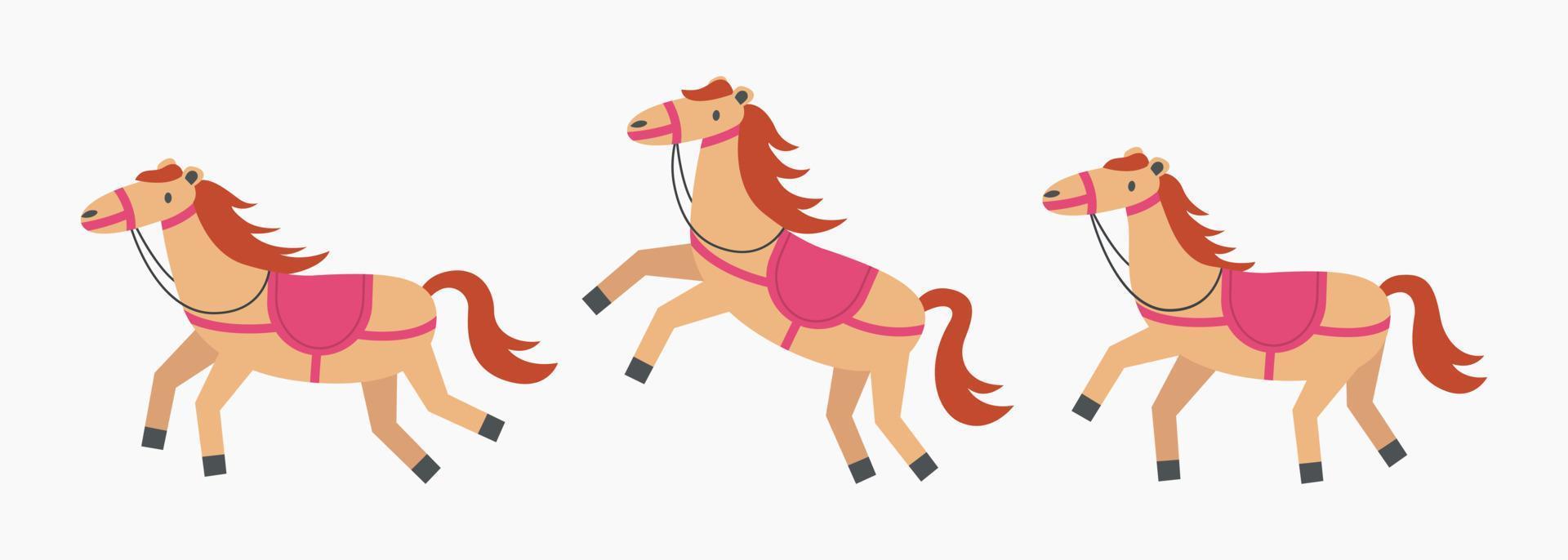 Set of horses in different poses. Cute pony in harness, saddle. Puffy character in motion for kids. Child ponytailed farm animal . Horseback riding, hippodrome racing, equestrian sport. vector