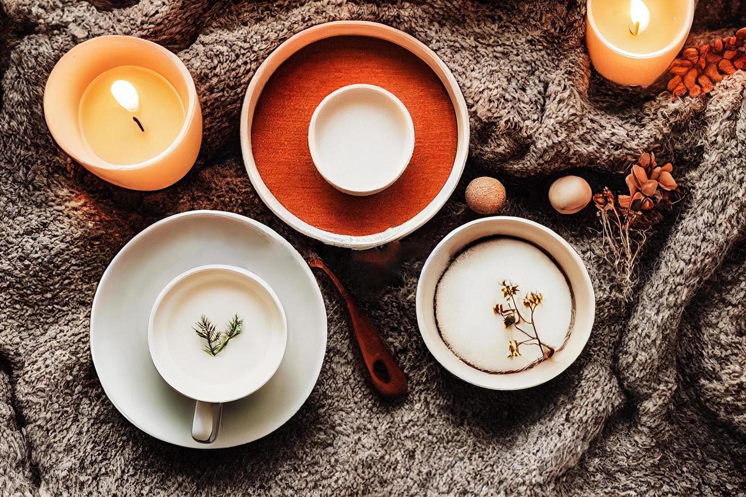 Cozy winter morning at home. Hot tea with lemon, knitted sweaters and modern metallic interior details. Still life composition, danish hygge concept photo