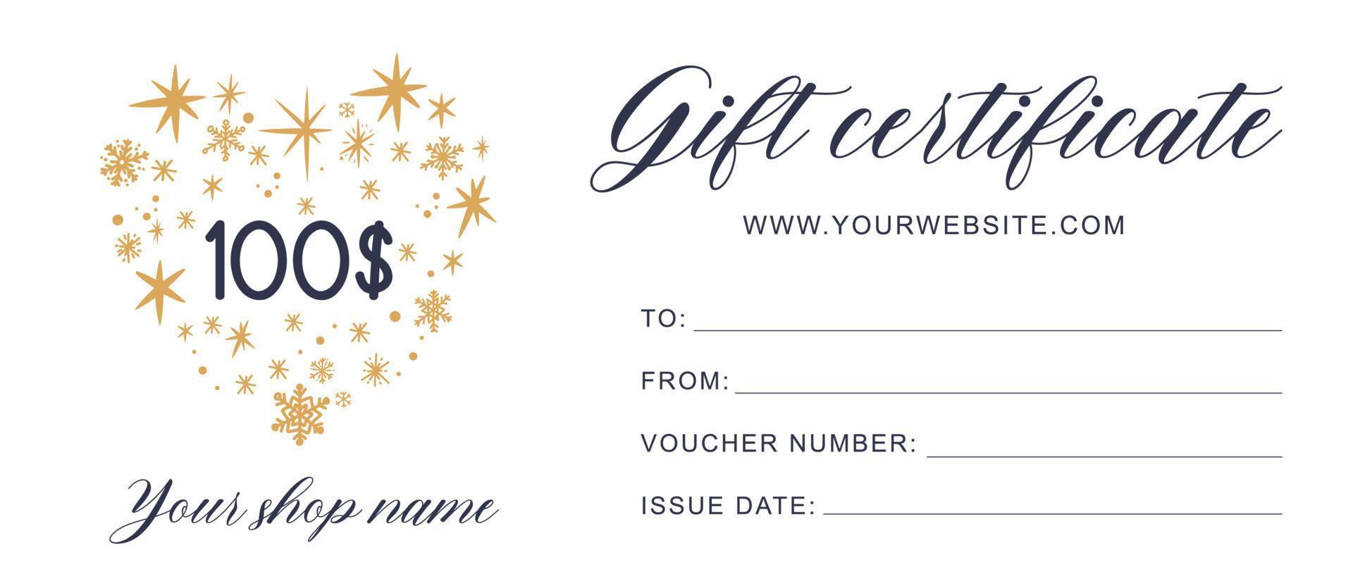 Christmas and New Year gift certificate with cute snowflakes heart template, voucher or coupon with discount. vector