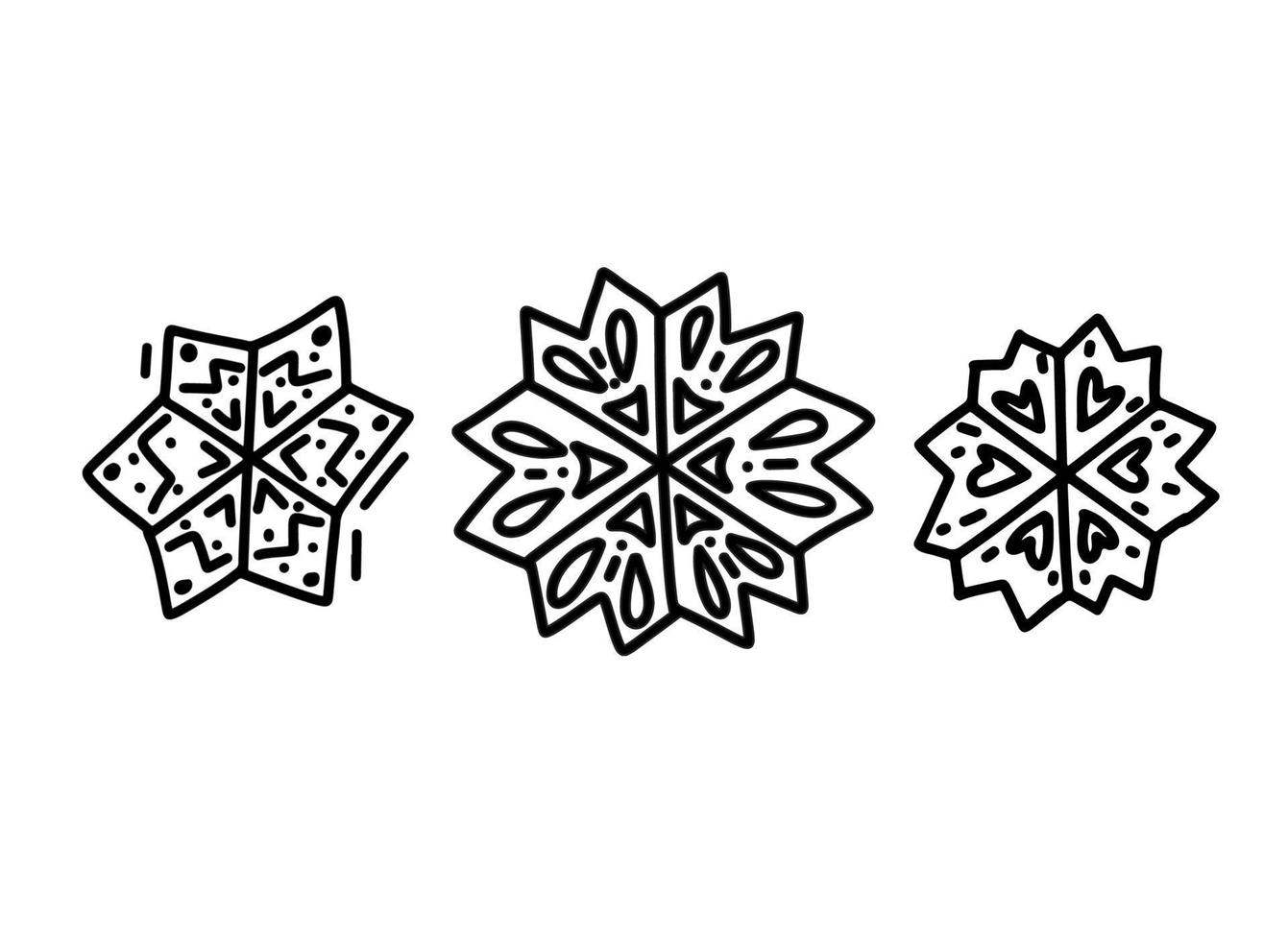 Hand drawn snowflakes icons set on white background for decoration design. Doodle vector illustration. Winter elements for Christmas and New Year