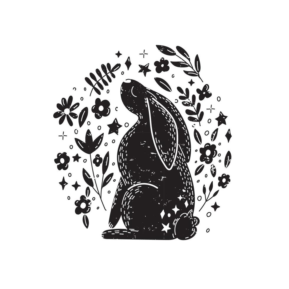 Magic rabbit with flowers in Scandinavian style. Minimalist mystic hare. Black and white. vector