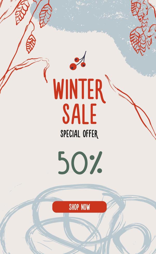 Vector vertical modern hand drawn Christmas sale banner with various abstract seasonal elements.