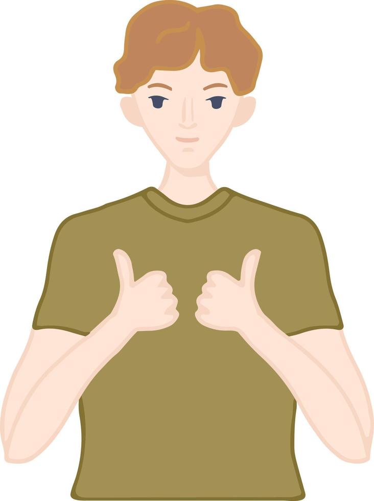 Happy young guy with thumbs up expressing agreement and approval. Positive man gesticulates like super hands and fingers. vector