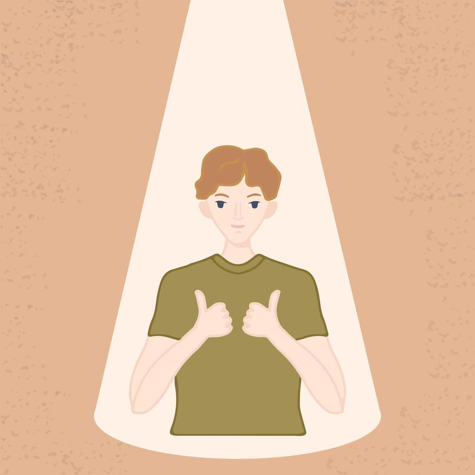 A happy young man brings light into his inner world. Self care, self acceptance. The concept of introspection and self acceptance. Vector illustration