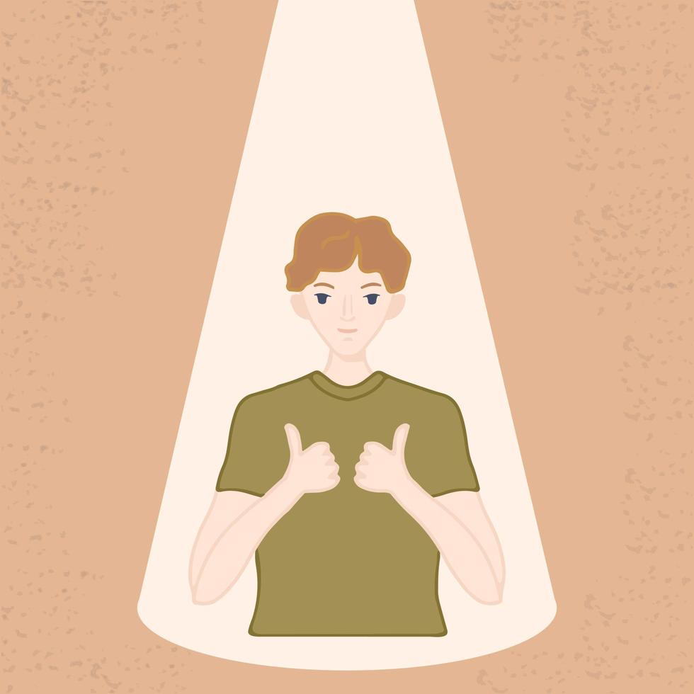 un joven feliz trae luz a su mundo interior. autocuidado, autoaceptación. el concepto de introspección y autoaceptación. ilustración vectorial vector