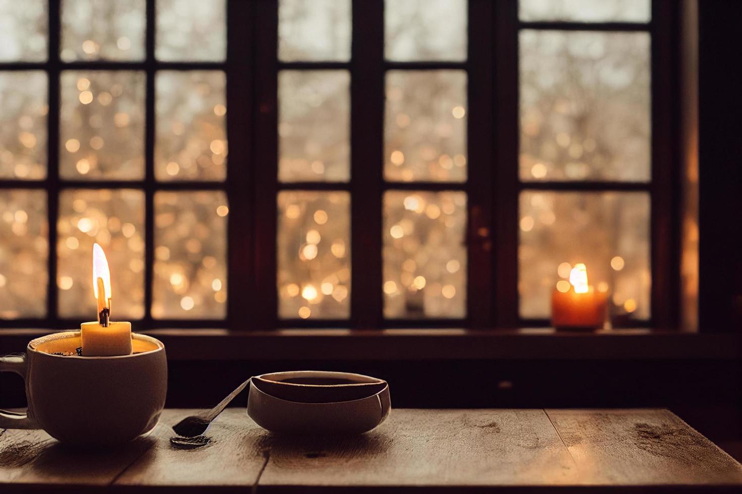 acogedora mañana de invierno o otoño en casa. café caliente con cuchara metálica dorada, manta cálida, guirnaldas y luces de velas, concepto hygge sueco. foto