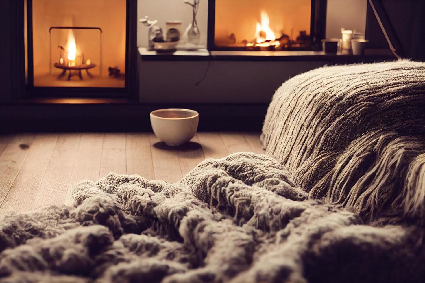 Cozy home with cup of tea with steam, blanket, book and candles. Hygge home interior photo