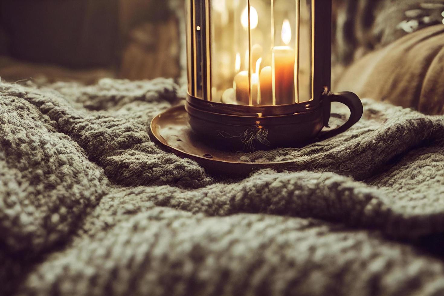 Burning candle in a glass jar. Hygge related imagery of a room with burning candles and a sweeter cozy warmth relaxation photo