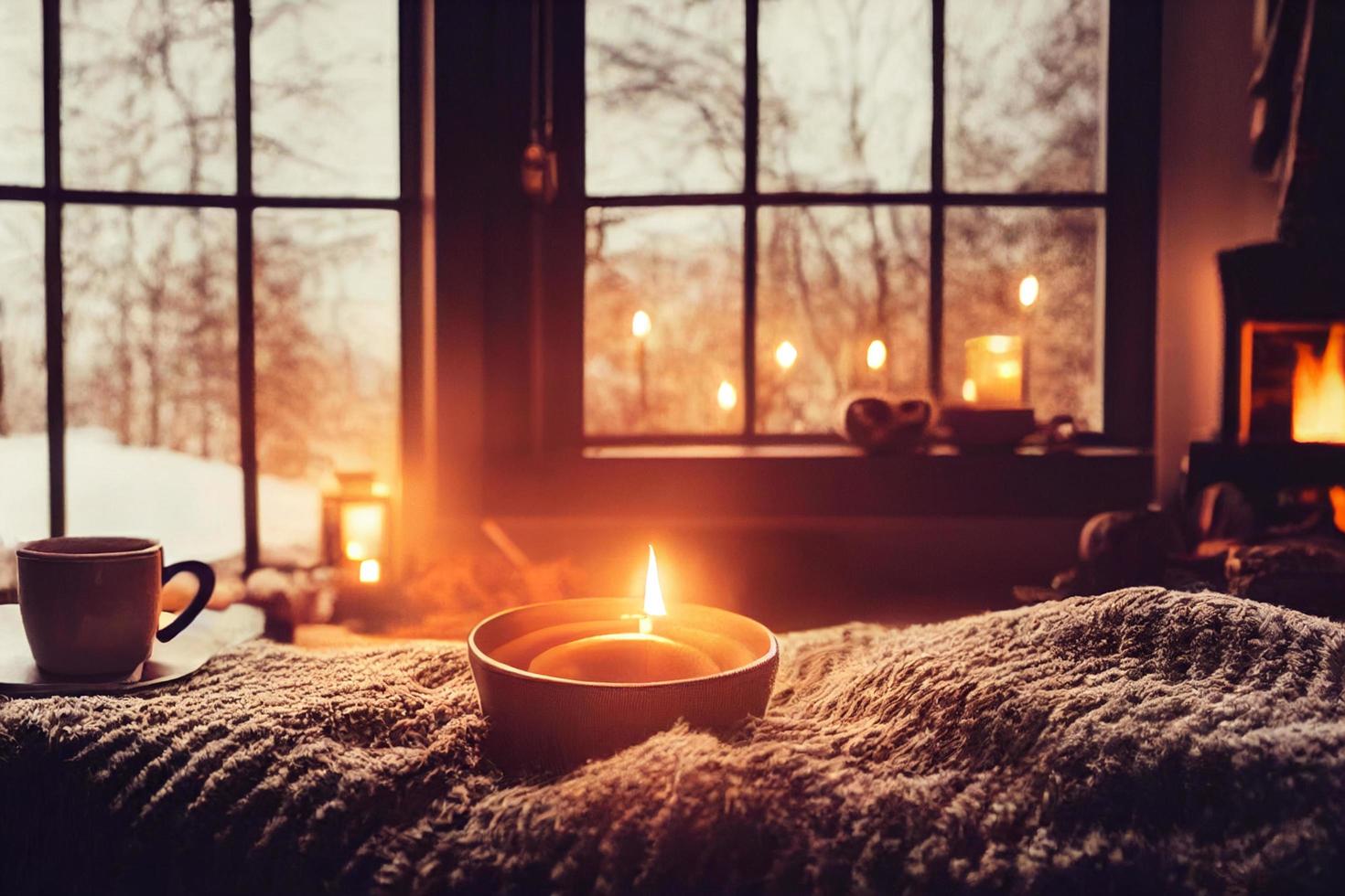 Cozy winter morning at home. Hot tea with lemon, knitted sweaters and modern metallic interior details. Still life composition, danish hygge concept photo